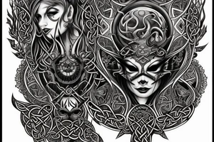 Celtic Demon Woman Gorgeous Wicked smirk Fierce Feral Intricate Detailed Elaborate Comprehensive Runic Gorgeous Expanded tattoo idea