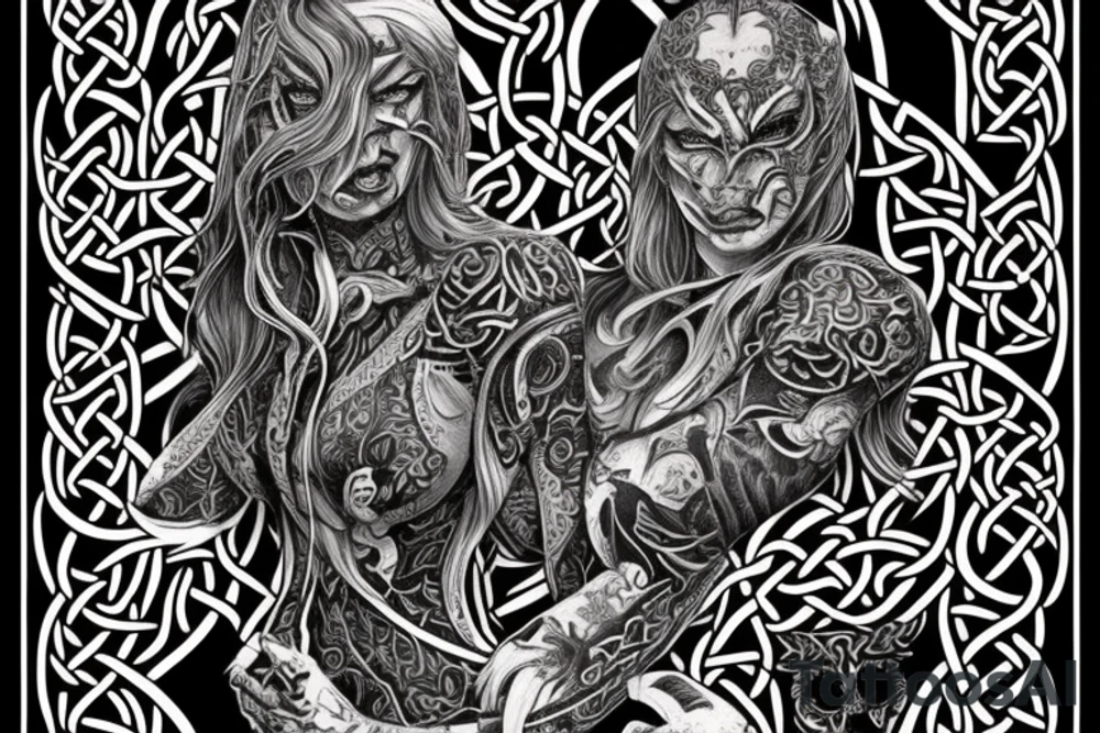 Celtic Demon Woman Gorgeous Wicked smirk Fierce Feral Intricate Detailed Elaborate Comprehensive Runic Gorgeous Expanded tattoo idea
