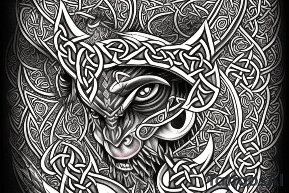 Celtic Demon Woman Gorgeous Wicked smirk Fierce Feral Intricate Detailed Elaborate Comprehensive Runic Gorgeous Expanded tattoo idea