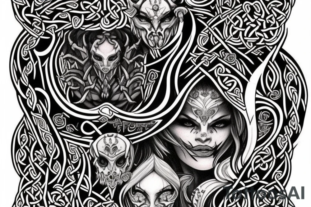 Celtic Demon Woman Gorgeous Wicked smirk Fierce Feral Intricate Detailed Elaborate Comprehensive Runic Gorgeous Expanded tattoo idea