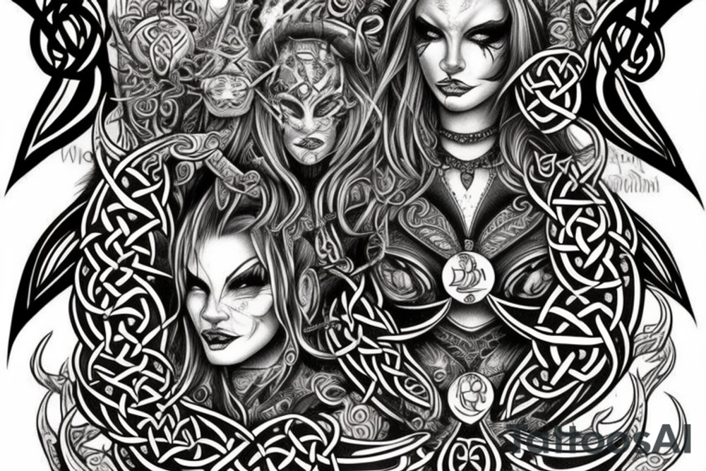 Celtic Demon Woman Gorgeous Wicked smirk Fierce Feral Intricate Detailed Elaborate Comprehensive Runic Gorgeous Expanded tattoo idea
