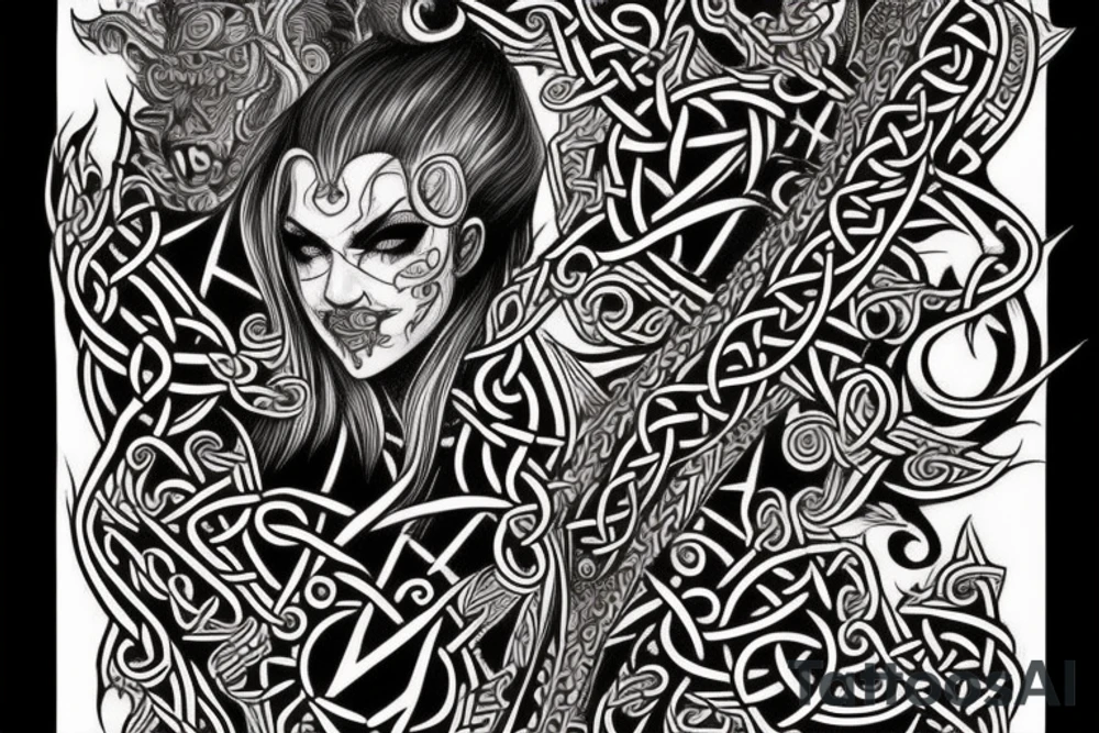 Celtic Demon Woman Gorgeous Wicked smirk Fierce Feral Intricate Detailed Elaborate Comprehensive Runic Gorgeous Expanded tattoo idea