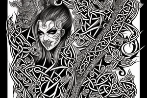 Celtic Demon Woman Gorgeous Wicked smirk Fierce Feral Intricate Detailed Elaborate Comprehensive Runic Gorgeous Expanded tattoo idea