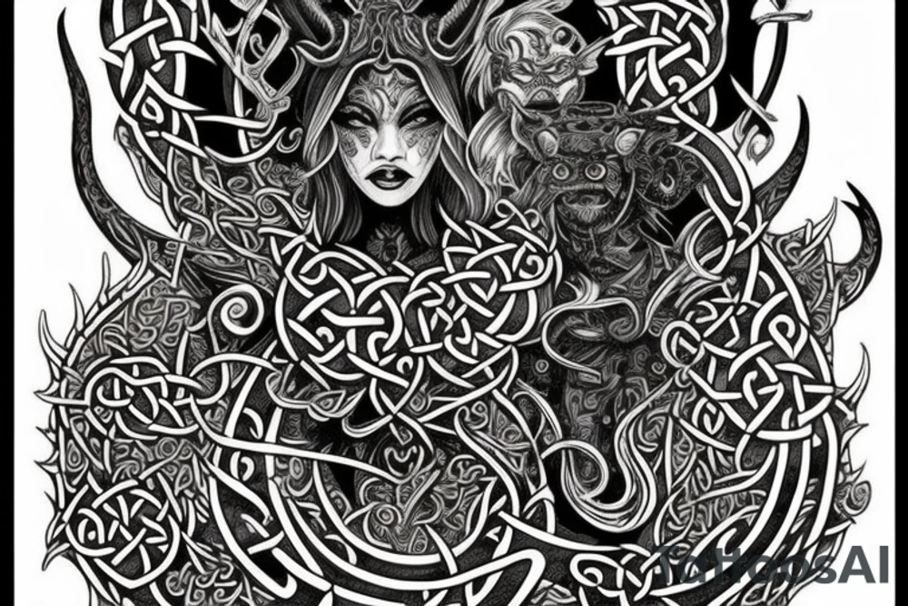 Celtic Demon Woman Gorgeous Wicked smirk Fierce Feral Intricate Detailed Elaborate Comprehensive Runic Gorgeous Expanded tattoo idea