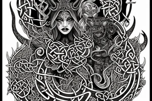 Celtic Demon Woman Gorgeous Wicked smirk Fierce Feral Intricate Detailed Elaborate Comprehensive Runic Gorgeous Expanded tattoo idea