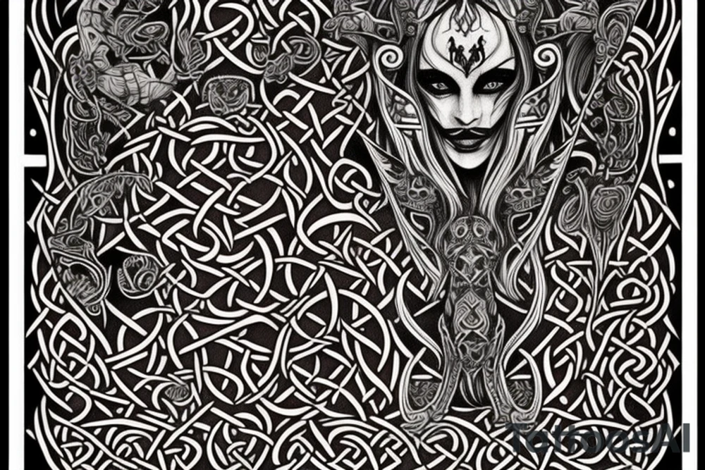 Celtic Demon Woman Gorgeous Wicked smirk Fierce Feral Intricate Detailed Elaborate Comprehensive Runic Gorgeous Expanded tattoo idea