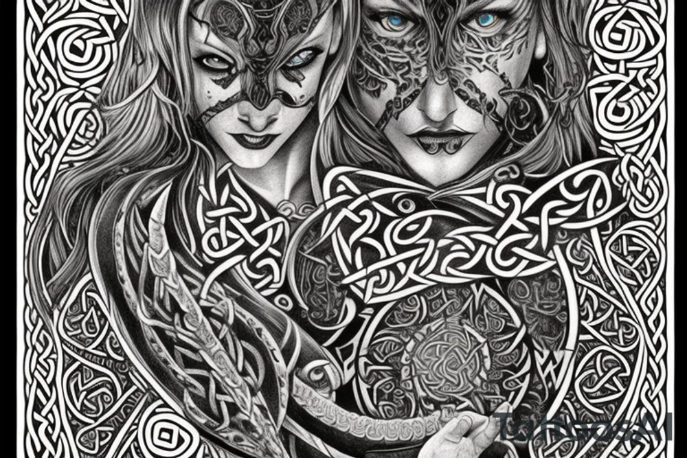 Celtic Demon Woman Gorgeous Wicked smirk Fierce Feral Intricate Detailed Elaborate Comprehensive Runic Gorgeous Expanded tattoo idea