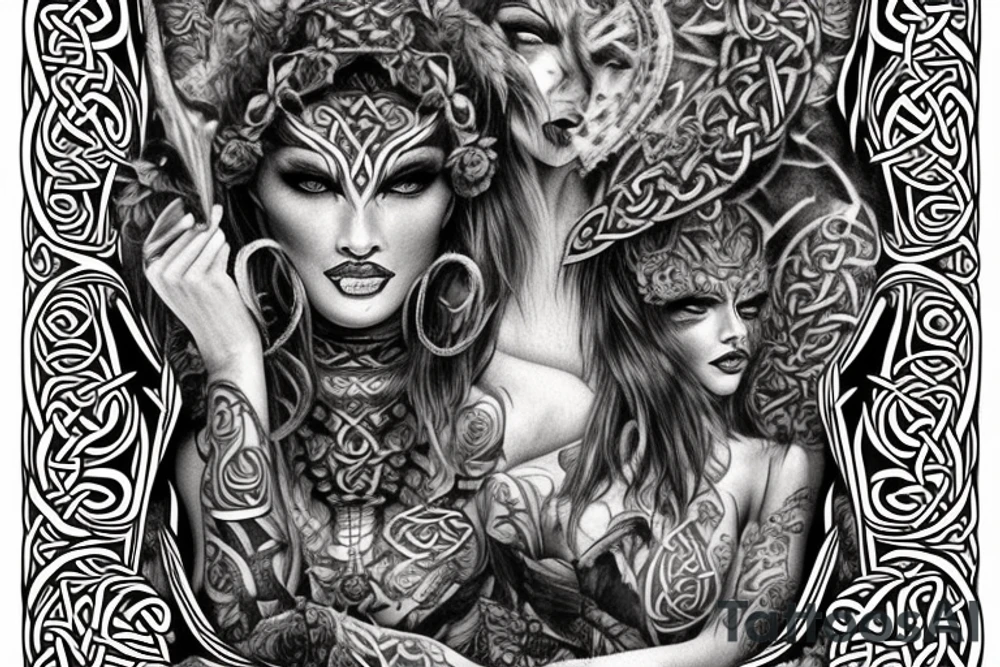 Celtic Demon Woman Gorgeous Wicked smirk Fierce Feral Intricate Detailed Elaborate Comprehensive Runic Gorgeous Expanded tattoo idea