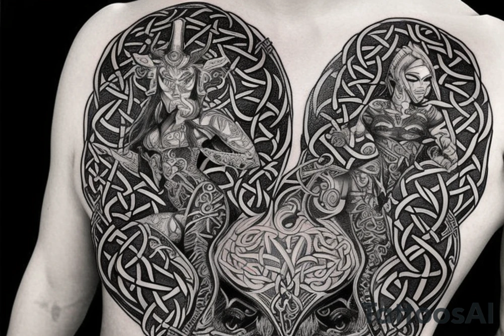 Celtic Demon Woman Gorgeous Wicked smirk Fierce Feral Intricate Detailed Elaborate Comprehensive Runic Gorgeous Expanded tattoo idea