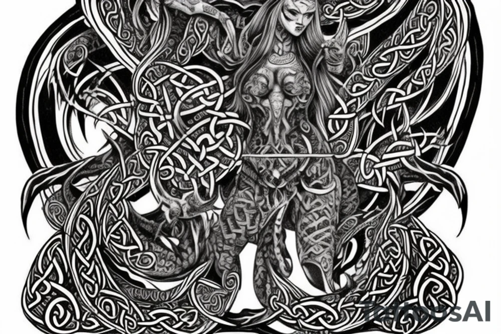 Celtic Demon Woman Gorgeous Wicked smirk Fierce Feral Intricate Detailed Elaborate Comprehensive Runic Gorgeous Expanded tattoo idea