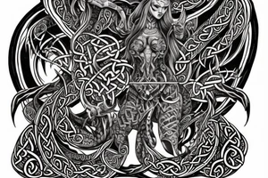 Celtic Demon Woman Gorgeous Wicked smirk Fierce Feral Intricate Detailed Elaborate Comprehensive Runic Gorgeous Expanded tattoo idea