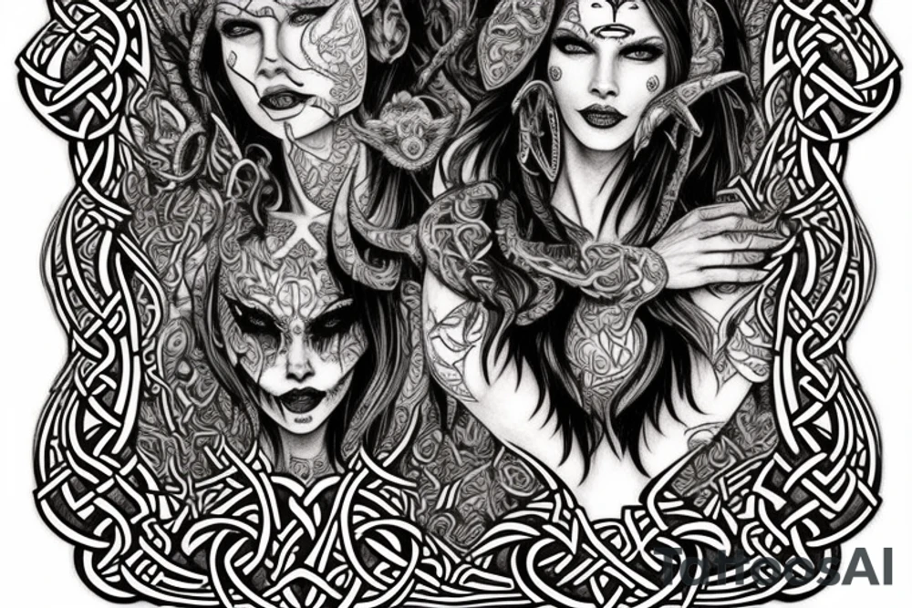 Celtic Demon Woman Gorgeous Wicked smirk Fierce Feral Intricate Detailed Elaborate Comprehensive Runic Gorgeous Expanded tattoo idea