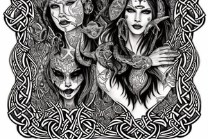 Celtic Demon Woman Gorgeous Wicked smirk Fierce Feral Intricate Detailed Elaborate Comprehensive Runic Gorgeous Expanded tattoo idea