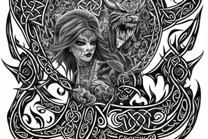 Celtic Demon Woman Gorgeous Wicked smirk Fierce Feral Intricate Detailed Elaborate Comprehensive Runic Gorgeous Expanded tattoo idea