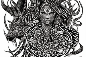 Celtic Demon Woman Gorgeous Wicked smirk Fierce Feral Intricate Detailed Elaborate Comprehensive Runic Gorgeous Expanded tattoo idea