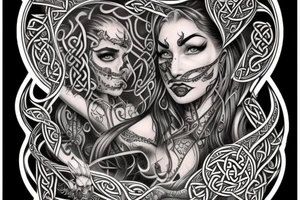 Celtic Demon Woman Gorgeous Wicked smirk Fierce Feral Intricate Detailed Elaborate Comprehensive Runic Gorgeous Expanded tattoo idea