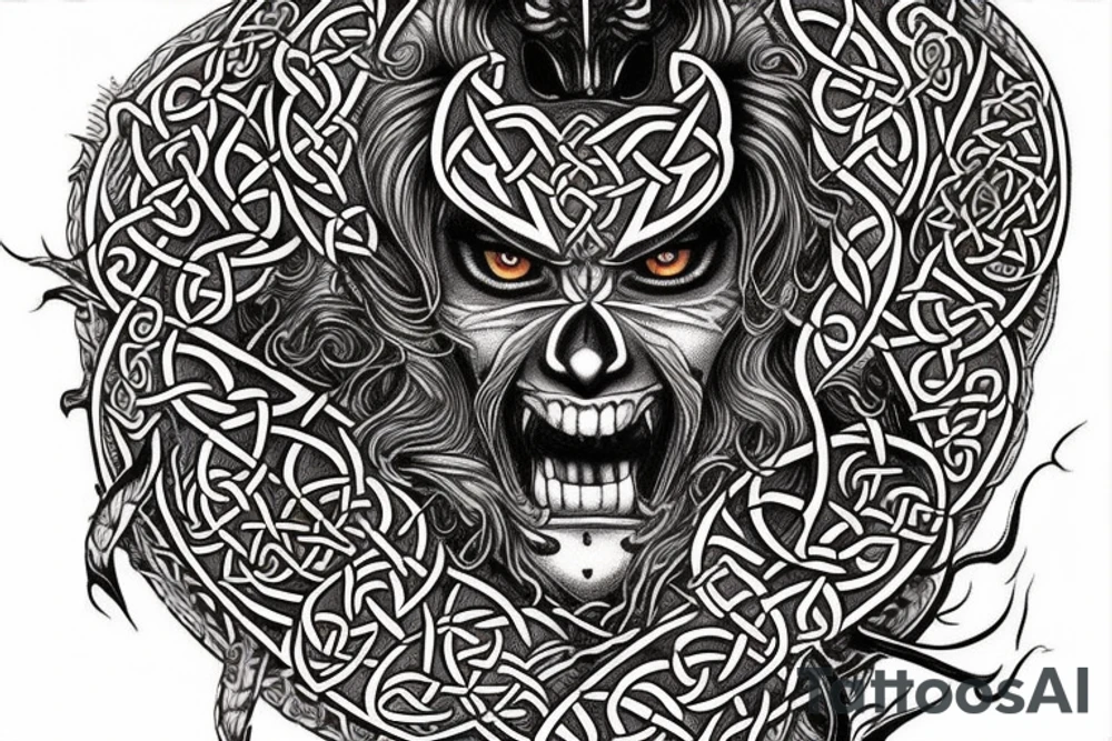 Celtic Demon Woman Gorgeous Wicked smirk Fierce Feral Intricate Detailed Elaborate Comprehensive Runic Gorgeous Expanded tattoo idea