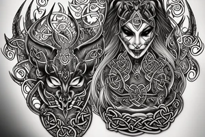 Celtic Demon Woman Gorgeous Wicked smirk Fierce Feral Intricate Detailed Elaborate Comprehensive Runic Gorgeous Expanded tattoo idea