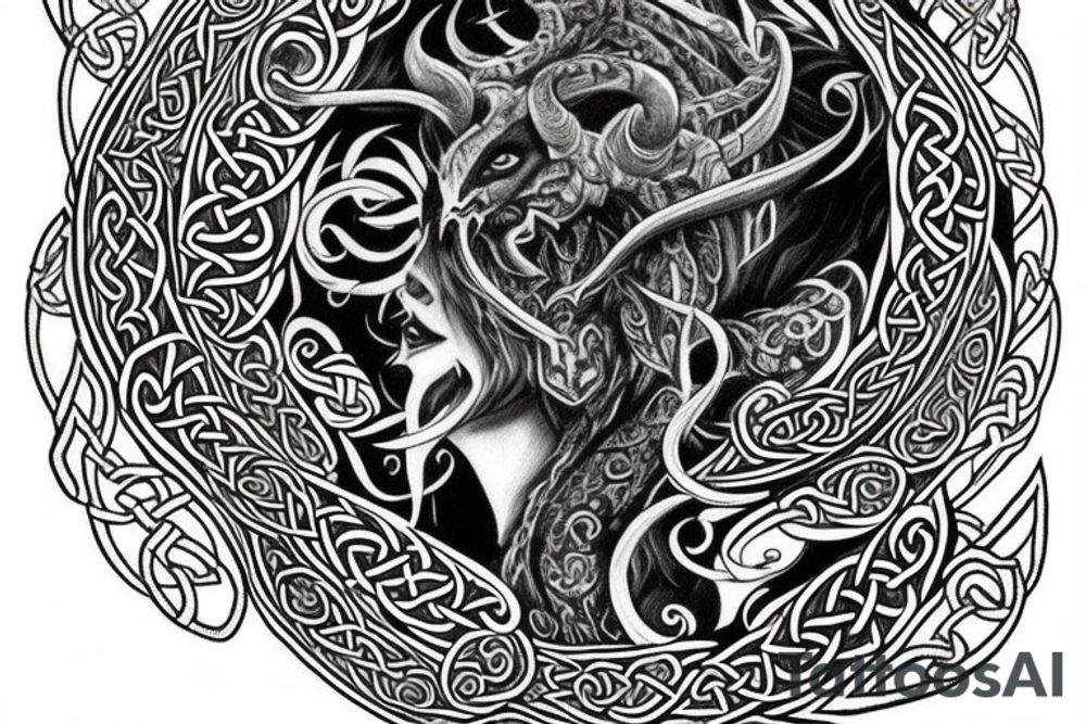 Celtic Demon Woman Gorgeous Wicked smirk Fierce Feral Intricate Detailed Elaborate Comprehensive Runic Gorgeous Expanded tattoo idea