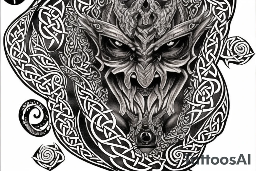 Celtic Demon Woman Gorgeous Wicked smirk Fierce Feral Intricate Detailed Elaborate Comprehensive Runic Gorgeous Expanded tattoo idea