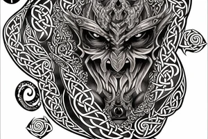 Celtic Demon Woman Gorgeous Wicked smirk Fierce Feral Intricate Detailed Elaborate Comprehensive Runic Gorgeous Expanded tattoo idea