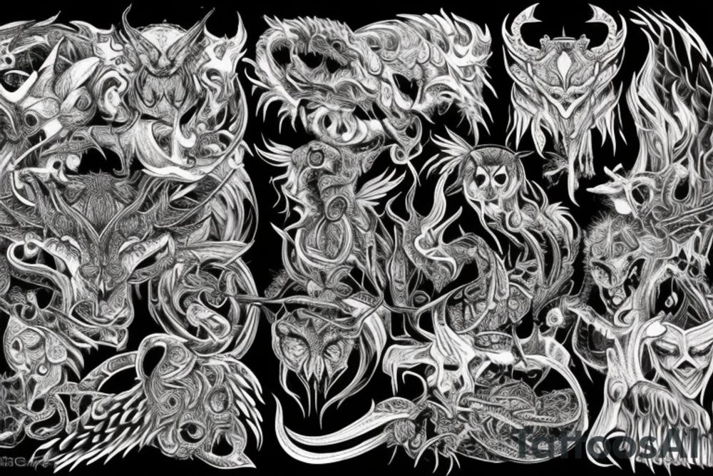 Demonic Fierce Grim Feral Intricate Elaborate Comprehensive tattoo idea