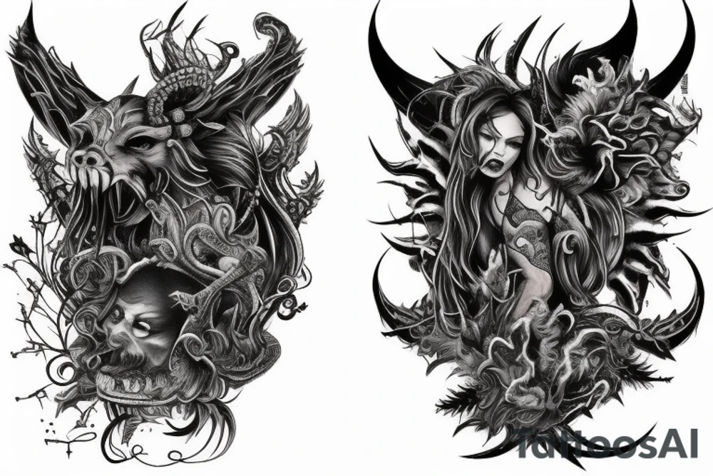 Demonic Fierce Grim Feral Intricate Elaborate Comprehensive tattoo idea