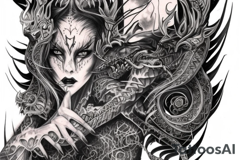 Demonic Runic Elaborate Intricate Comprehensive sleeve Demon woman gorgeous beautiful fierce Feral tattoo idea