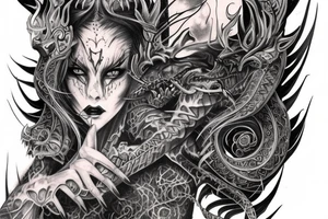 Demonic Runic Elaborate Intricate Comprehensive sleeve Demon woman gorgeous beautiful fierce Feral tattoo idea
