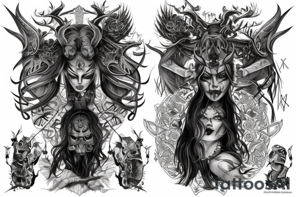 Demonic Runic Elaborate Intricate Comprehensive sleeve Demon woman gorgeous beautiful fierce Feral tattoo idea