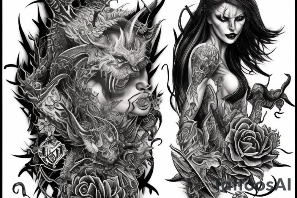 Demonic Runic Elaborate Intricate Comprehensive sleeve Demon woman gorgeous beautiful fierce Feral tattoo idea