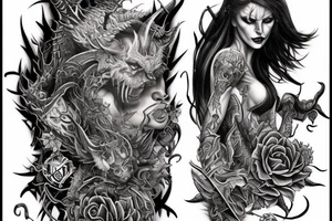 Demonic Runic Elaborate Intricate Comprehensive sleeve Demon woman gorgeous beautiful fierce Feral tattoo idea