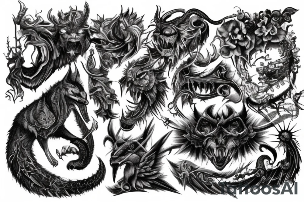 Demonic Fierce Grim Feral Intricate Elaborate Comprehensive tattoo idea