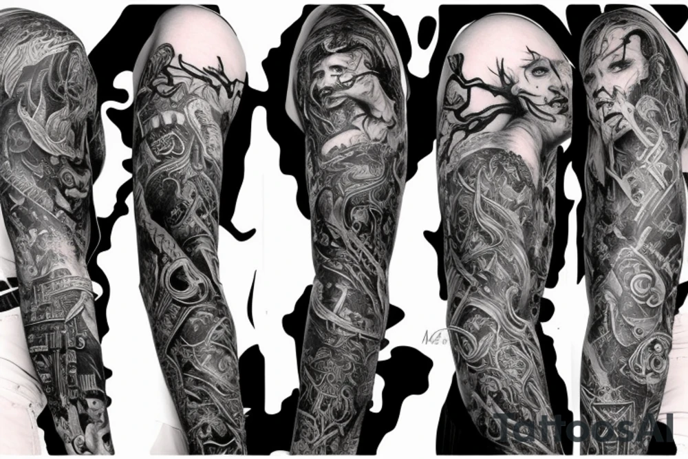 Demonic Runic Elaborate Intricate Comprehensive sleeve Demon woman gorgeous beautiful fierce Feral tattoo idea