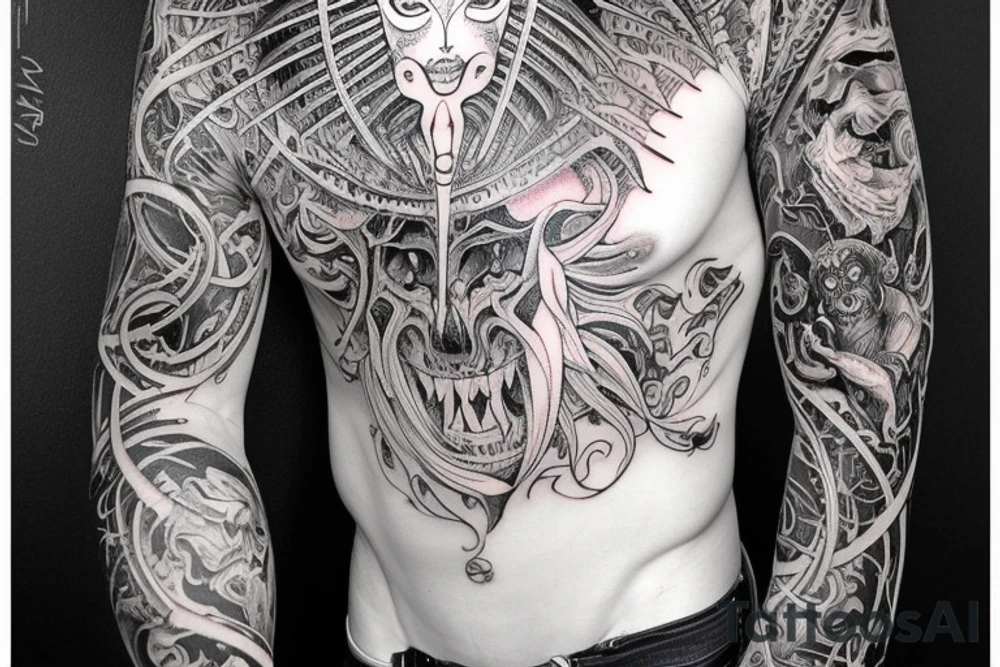 Demonic Runic Elaborate Intricate Comprehensive sleeve Demon woman gorgeous beautiful fierce Feral tattoo idea