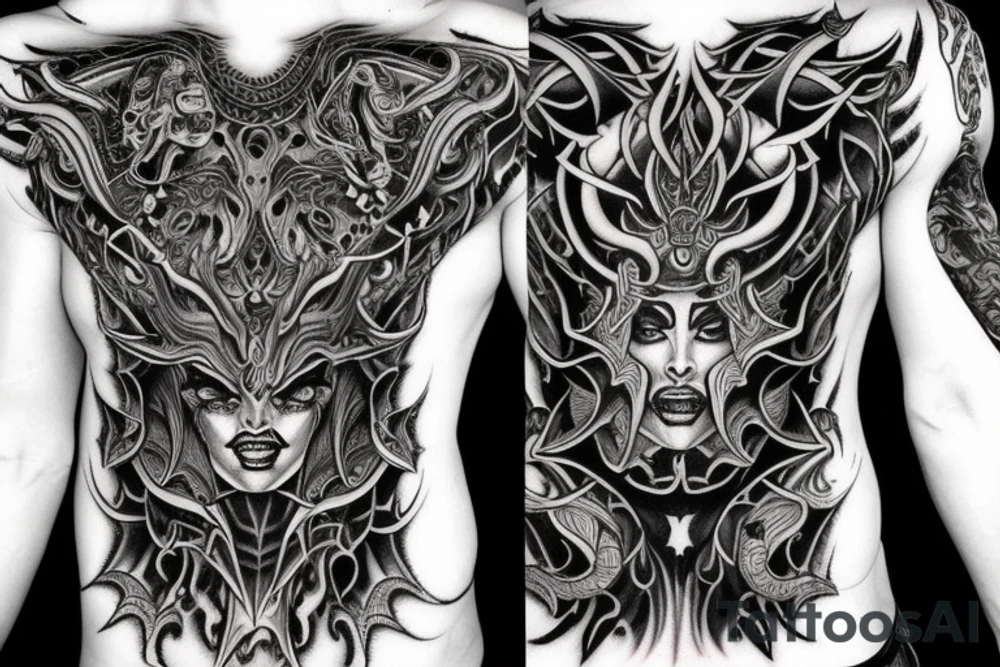 Demonic Runic Elaborate Intricate Comprehensive sleeve Demon woman gorgeous beautiful fierce Feral tattoo idea