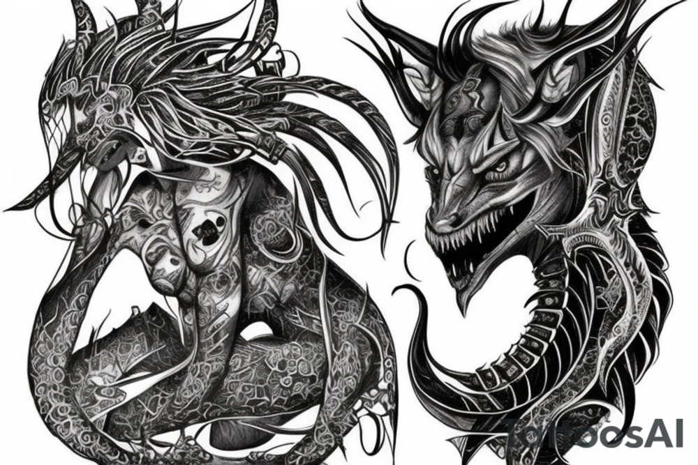 Demonic Runic Elaborate Intricate Comprehensive sleeve Demon woman gorgeous beautiful fierce Feral tattoo idea
