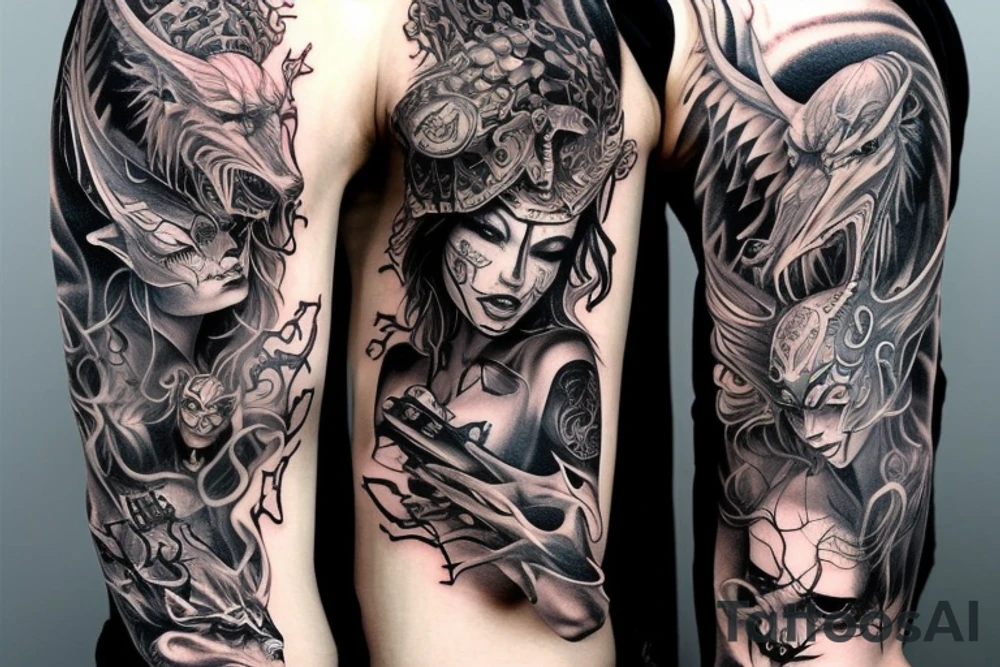 Demonic Runic Elaborate Intricate Comprehensive sleeve Demon woman gorgeous beautiful fierce Feral tattoo idea