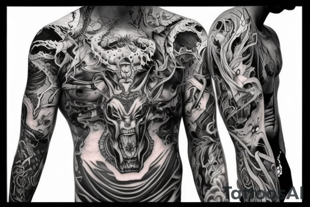 Demonic Runic Elaborate Intricate Comprehensive sleeve Demon woman gorgeous beautiful fierce Feral tattoo idea