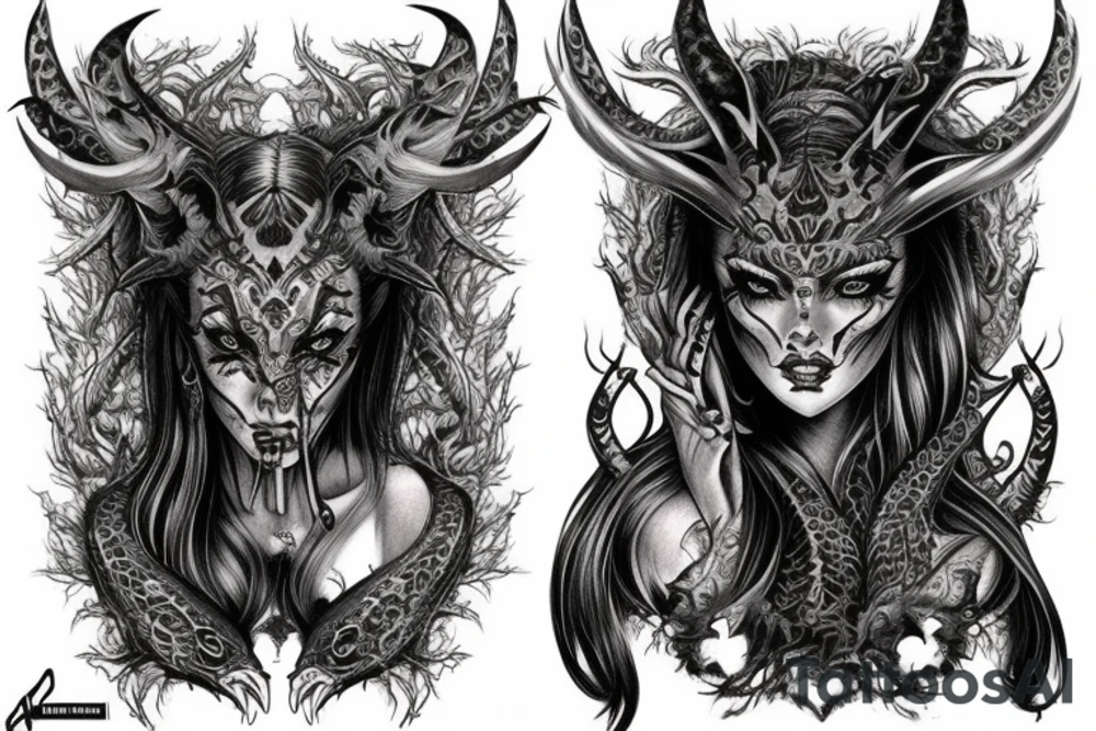 Demonic Runic Elaborate Intricate Comprehensive sleeve Demon woman gorgeous beautiful fierce Feral tattoo idea