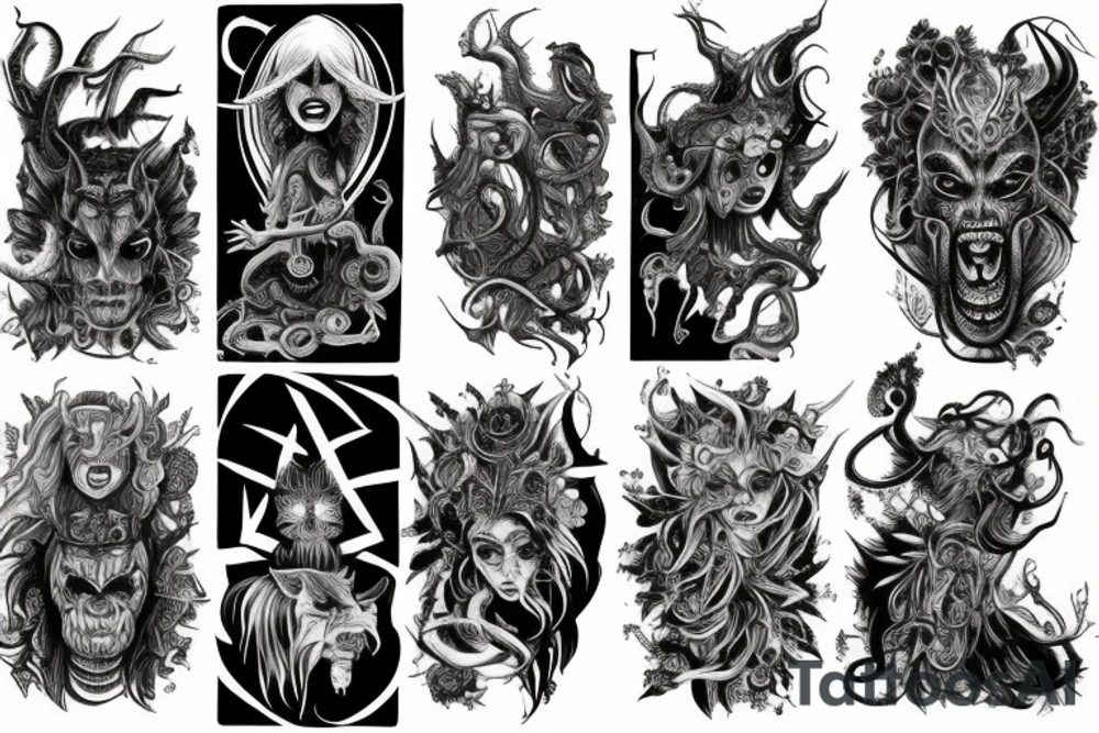 Demonic Runic Elaborate Intricate Comprehensive sleeve Demon woman gorgeous beautiful fierce Feral Chaos tattoo idea