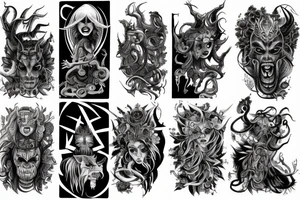 Demonic Runic Elaborate Intricate Comprehensive sleeve Demon woman gorgeous beautiful fierce Feral Chaos tattoo idea