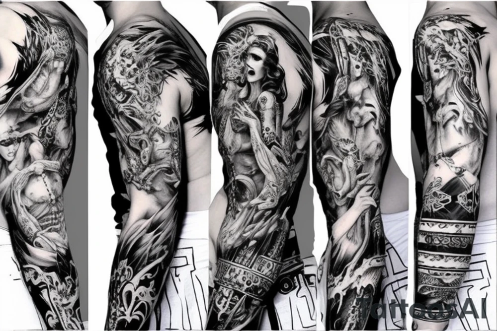 Demonic Runic Elaborate Intricate Comprehensive sleeve Demon woman gorgeous beautiful fierce Feral Chaos tattoo idea