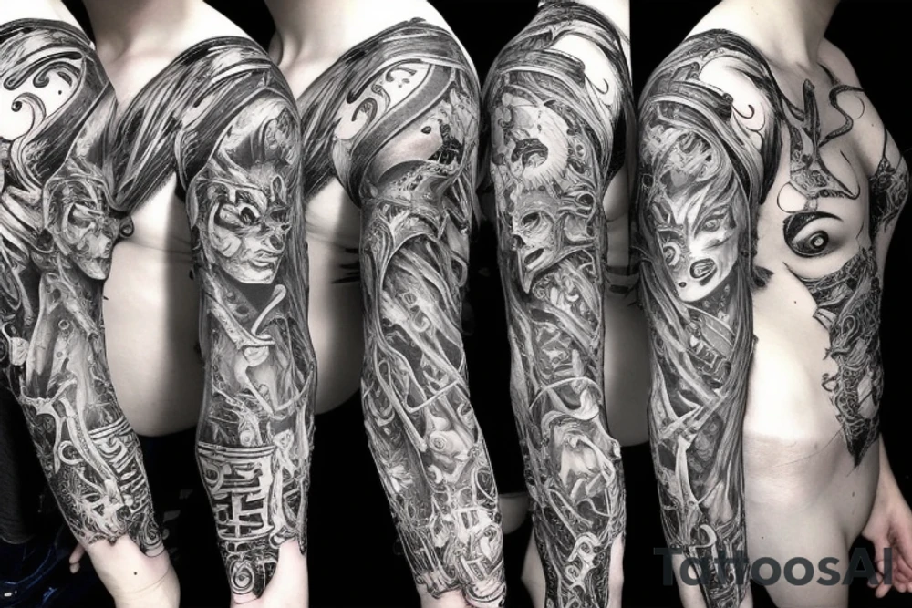 Demonic Runic Elaborate Intricate Comprehensive sleeve Demon woman gorgeous beautiful fierce Feral Chaos tattoo idea