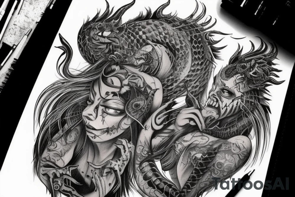 Demonic Runic Elaborate Intricate Comprehensive Demon woman gorgeous beautiful fierce Feral tattoo idea