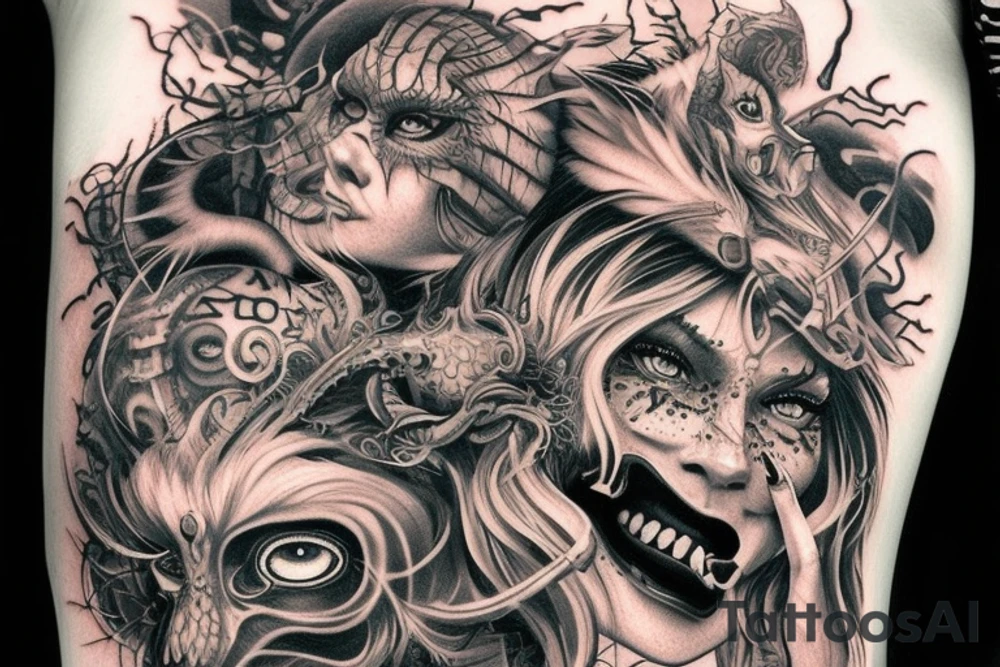 Demonic Runic Elaborate Intricate Comprehensive Demon woman gorgeous beautiful fierce Feral tattoo idea