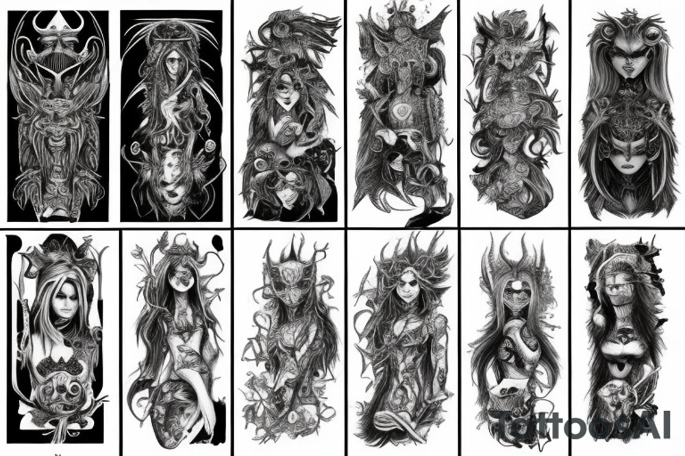 Demonic Runic Elaborate Intricate Comprehensive sleeve Demon woman gorgeous beautiful Feral Chaos tattoo idea