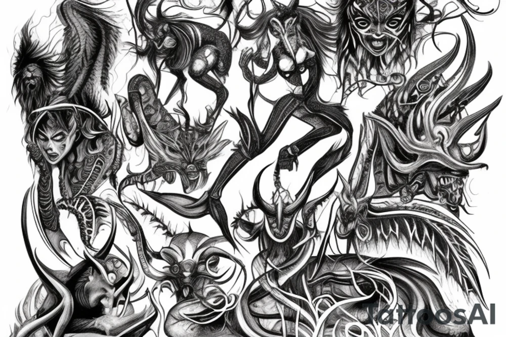 Demonic Runic Elaborate Intricate Comprehensive Demon woman gorgeous beautiful Feral Chaos tattoo idea