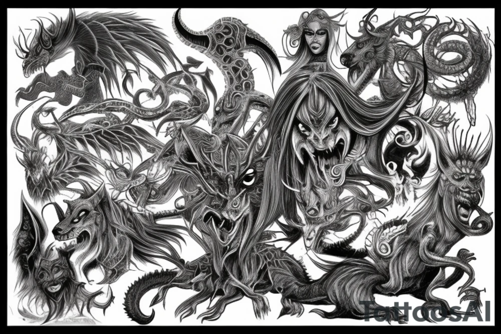 Demonic Runic Elaborate Intricate Comprehensive Demon woman gorgeous beautiful Feral Chaos tattoo idea