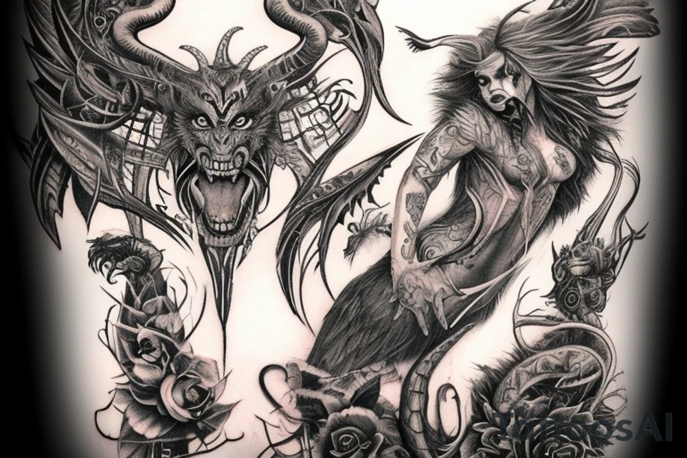 Demonic Runic Elaborate Intricate Comprehensive Demon woman gorgeous beautiful fierce Feral tattoo idea
